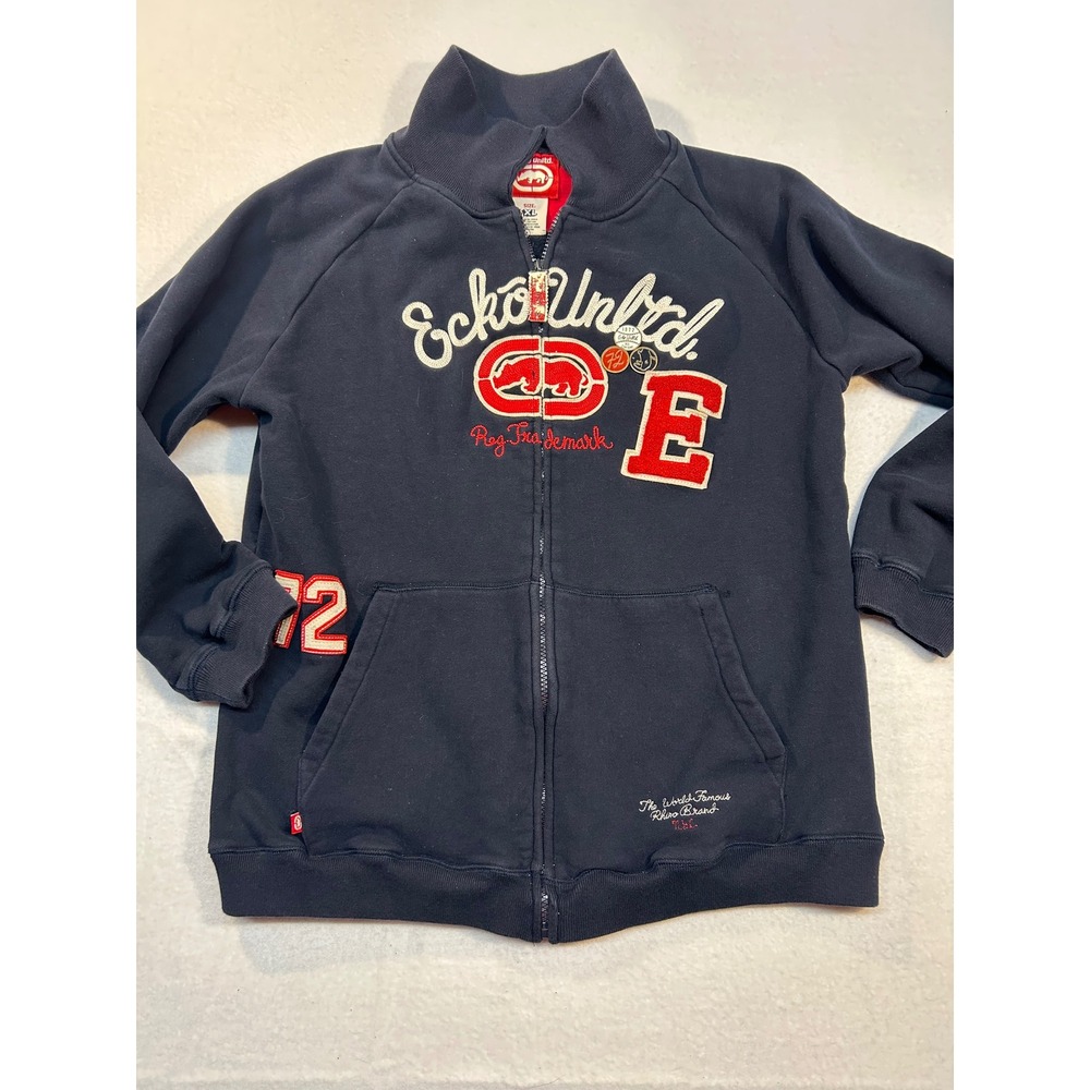 Ecko Unltd Mens XL Full Zip Sweatshirt Navy Blue Varsity Rhino Logo Track Jacket
